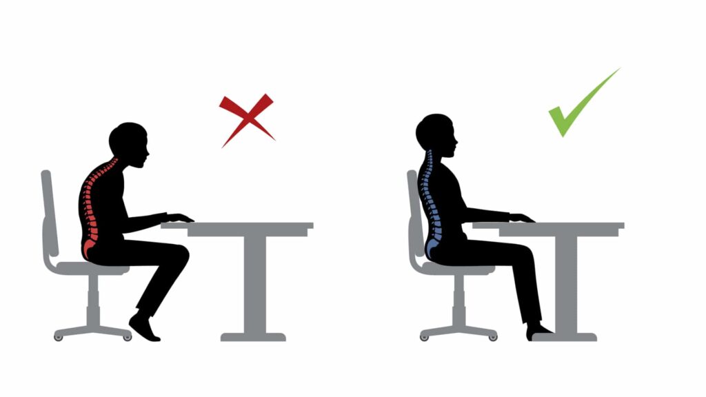 Slouched office posture versus correct office picture illustration