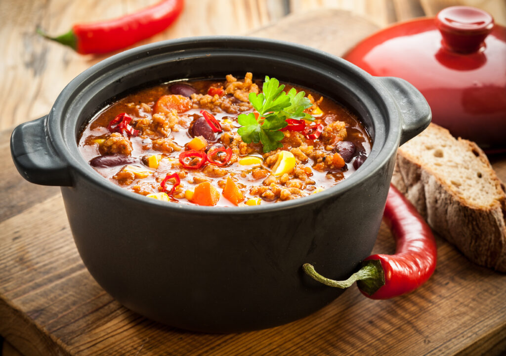 Picture of a pot of Christmas Chili on the table.